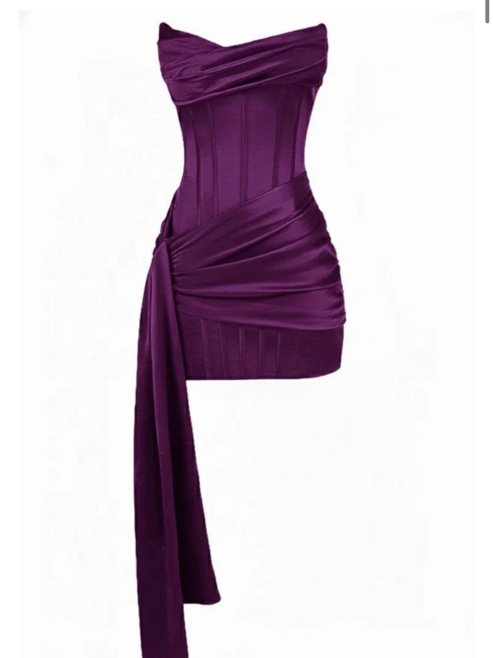 Pollyboutique HOMECOMING Strapless Purple Draped Mini Dress with Side Sash
